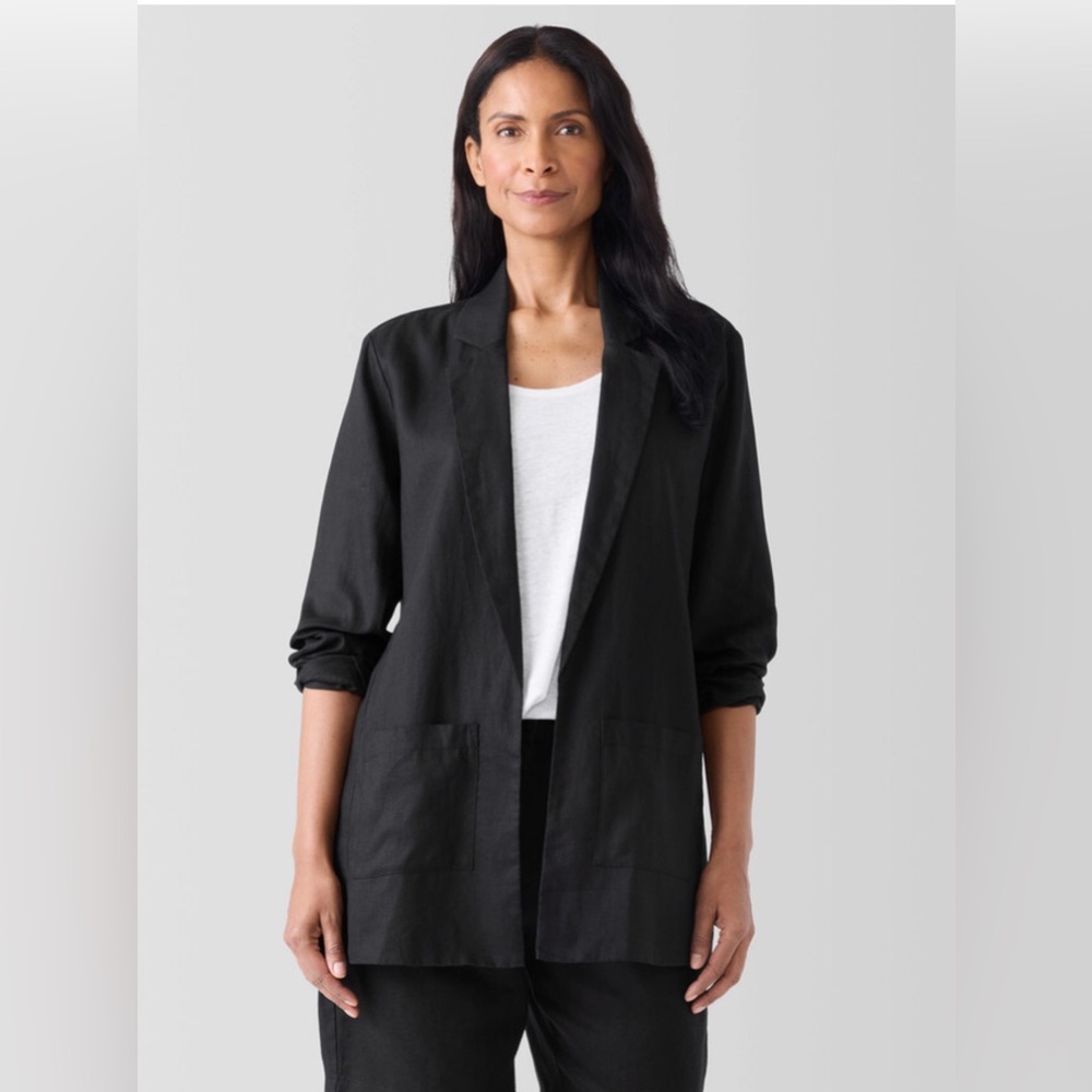 Eileen Fisher Notch Collar Black Open-Front Women's long linen Blazer Jacket NWT